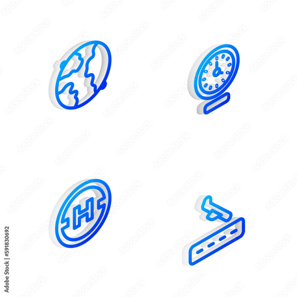 Set Isometric line Clock, Worldwide, Helicopter landing pad and Plane icon. Vector