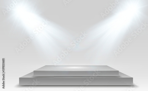 Podium, pedestal or platform, illuminated by spotlights in the background. Vector illustration. Bright light. Light from above. Advertising place	
