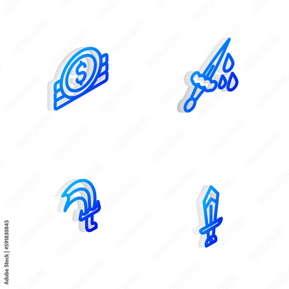 Set Isometric line Sword with blood, Ancient coin, for game and icon. Vector Set Isometric line Sword with blood, Ancient coin, for game and icon. Vector