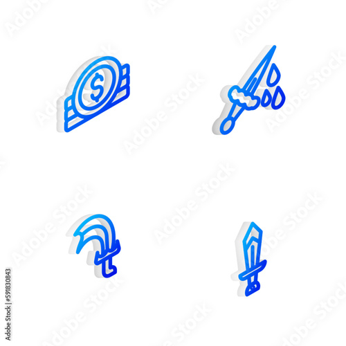 Set Isometric line Sword with blood, Ancient coin, for game and icon. Vector
