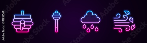 Set line Hive for bees, Honey dipper stick, Cloud with rain and Windy weather. Glowing neon icon. Vector