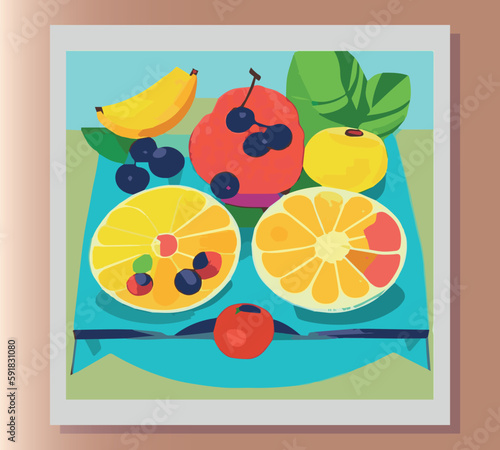 Fototapeta Naklejka Na Ścianę i Meble -  Still life summer vector abstract illustration in bright colors of fruits on the table. Sticker, poster, advertisement, postcard, label design. First small business. Colorful vector illustration. 