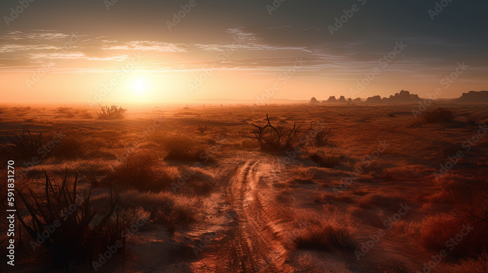 Sunset in the desert plain. Ai generated.