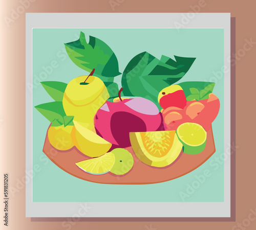 Still life summer vector abstract illustration in bright colors of fruits on the table. Sticker, poster, advertisement, postcard, label design. First small business. Colorful vector illustration.  © Ната 