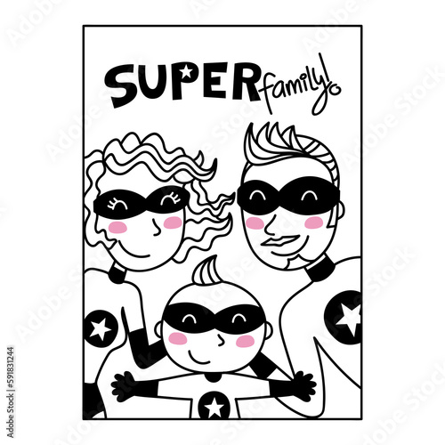 Illustration of a family of superheroes art print, mom dad and baby superhero, wall art