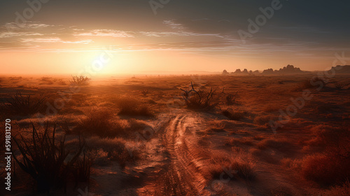 Sunset in the desert plain. Ai generated.