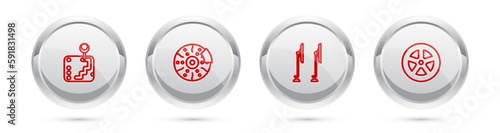 Set line Gear shifter, Car brake disk with caliper, Windscreen wiper and wheel. Silver circle button. Vector
