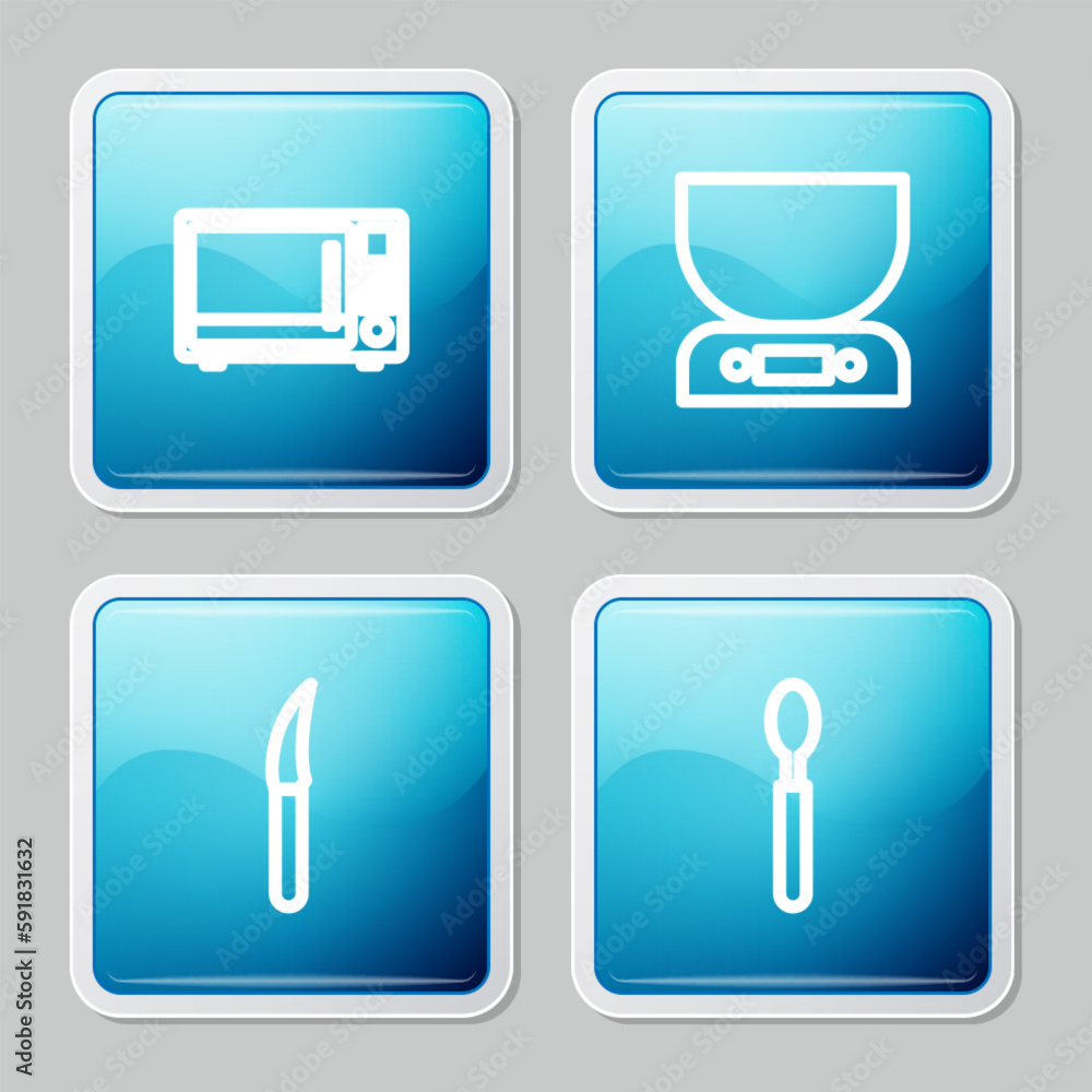 Set line Microwave oven, Electronic scales, Knife and Spoon icon. Vector Set line Microwave oven, Electronic scales, Knife and Spoon icon. Vector