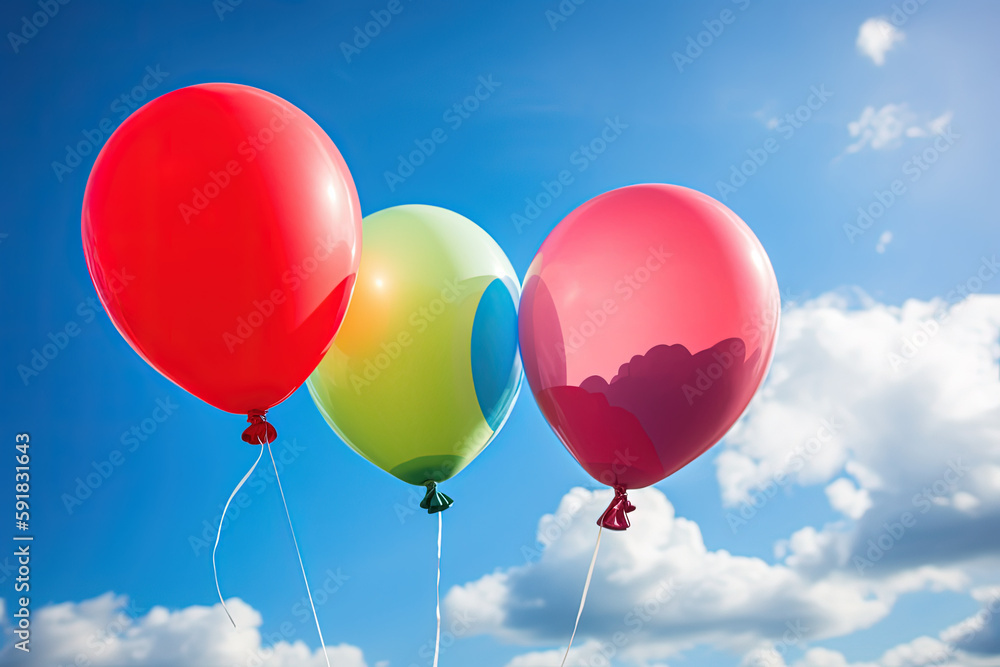 Colorful balloons on blue sky on background. Ai generated
