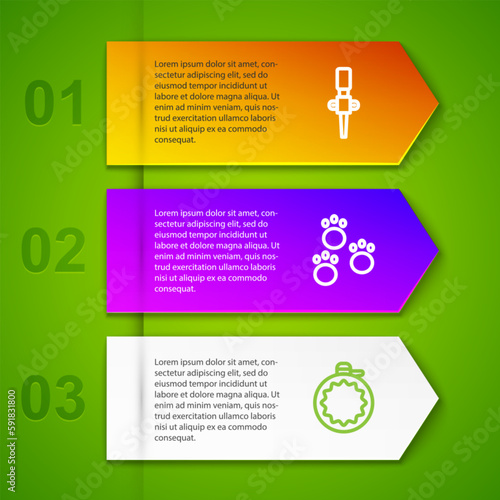 Set line Torch flame, Paw print, Canteen water bottle and Shotgun. Business infographic template. Vector