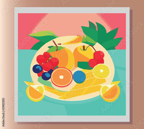 Still life summer vector abstract illustration in bright colors of fruits on the table. Sticker  poster  advertisement  postcard  label design. First small business. Colorful vector illustration. 