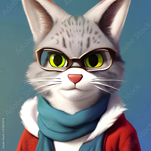 Cat with glasses in a down jacket and a blue scarf, image illustration © Pavel