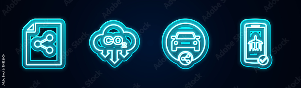 Set line Share file, CO2 emissions in cloud, Car sharing and Flight mode the mobile. Glowing neon icon. Vector Set line Share file, CO2 emissions in cloud, Car sharing and Flight mode the mobile. Glowing neon icon. Vector