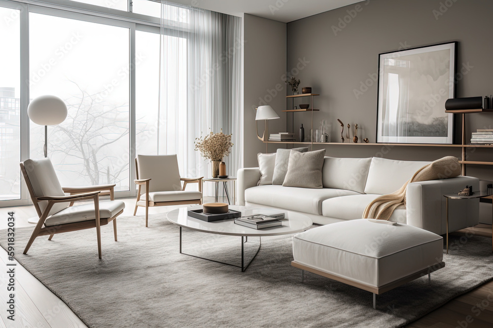 Fototapeta premium Living room in modern style with light and sunshine. Ai generated. 