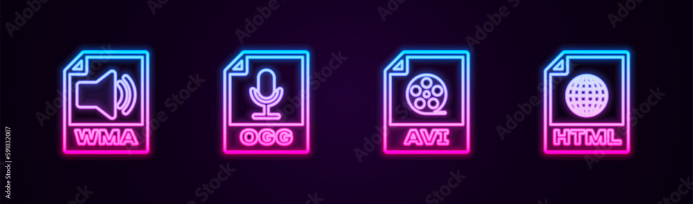 Set line WMA file document, OGG, AVI and HTML. Glowing neon icon. Vector Set line WMA file document, OGG, AVI and HTML. Glowing neon icon. Vector