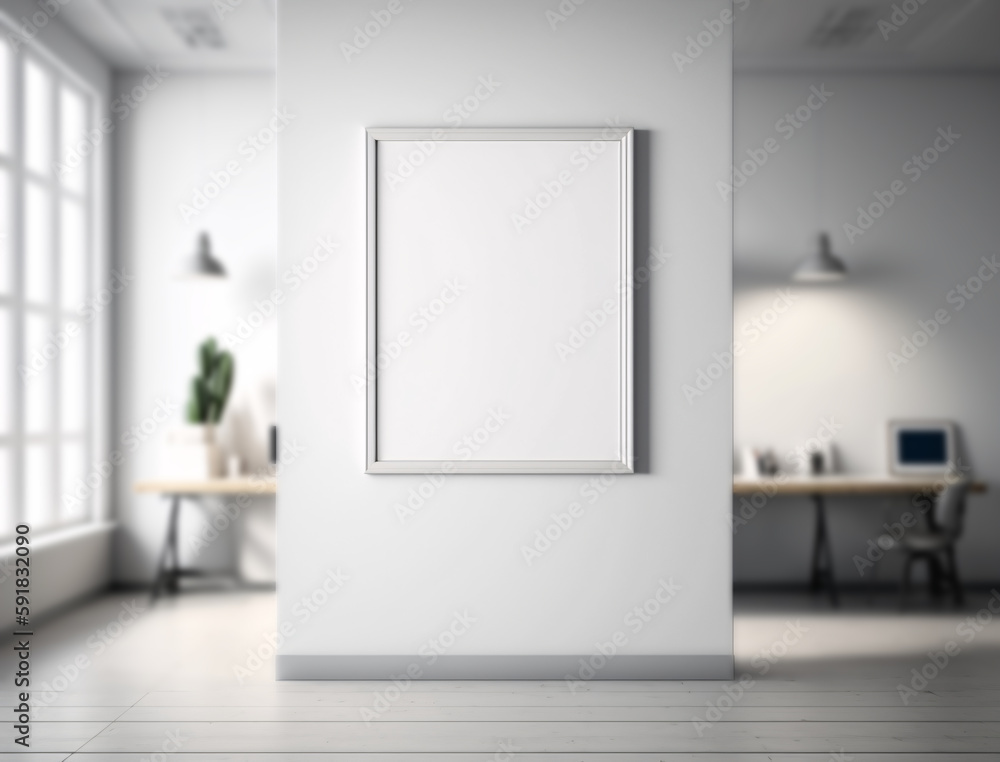 Blank vertical poster mock-up on a white wall in an office. Blank vertical poster mock-up on a white wall in an office.