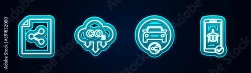 Set line Share file, CO2 emissions in cloud, Car sharing and Flight mode the mobile. Glowing neon icon. Vector