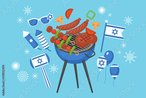 Israel Independence day concept picnic party with bbq grill, barbecue meat and holiday decorations. Vector illustration