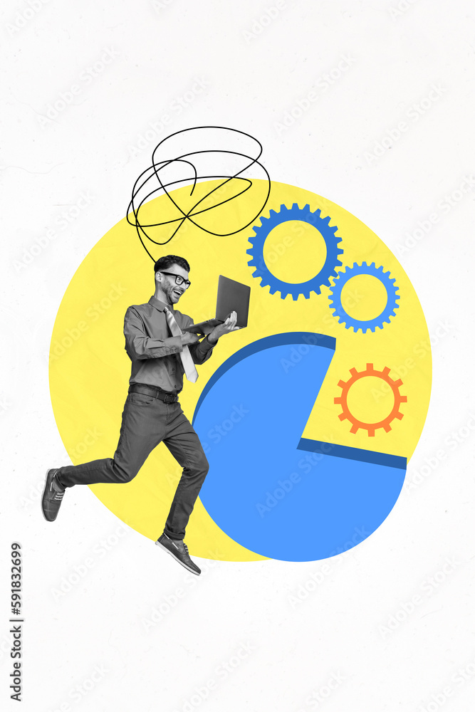 Fototapeta premium Vertical collage image of mini black white colors guy use netbook brainstorm cogwheel gear stats diagram isolated on white background