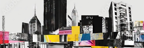  Abstract collage of skyscrapers, business buildings in big city. Surreal skyscraper banner concept, contemporary colors and mood social. Generate AI