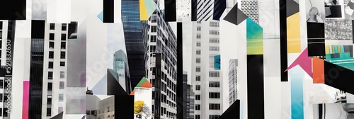  Abstract collage of skyscrapers  business buildings in big city. Surreal skyscraper banner concept  contemporary colors and mood social. Generate AI
