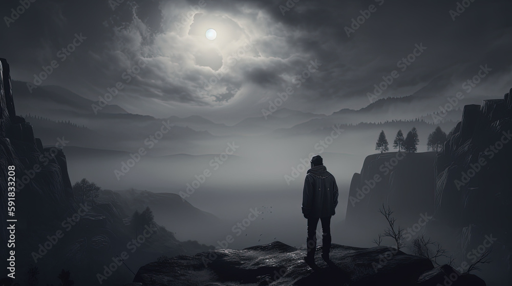 A man at night with a big full moon. Ai generated. 
