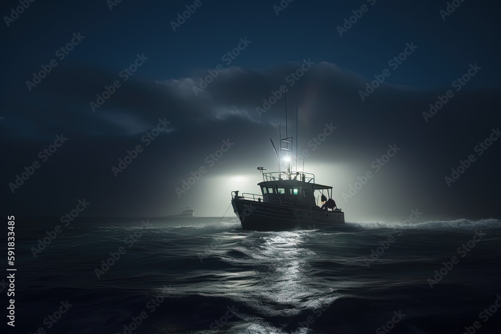Boat at night on the sea with fog. AI generated. Boat at night on the sea with fog. AI generated.