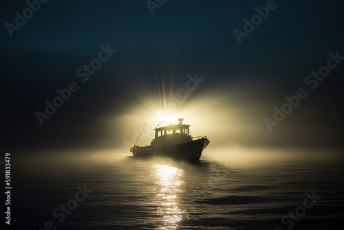 Boat at night on the sea with fog. AI generated. © Ярослав Антонюк