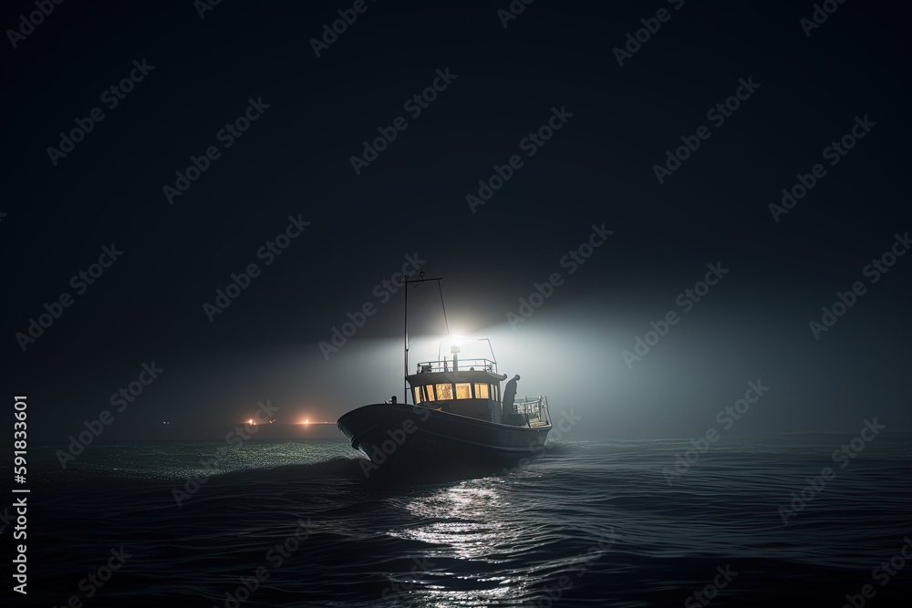 Boat at night on the sea with fog. AI generated.