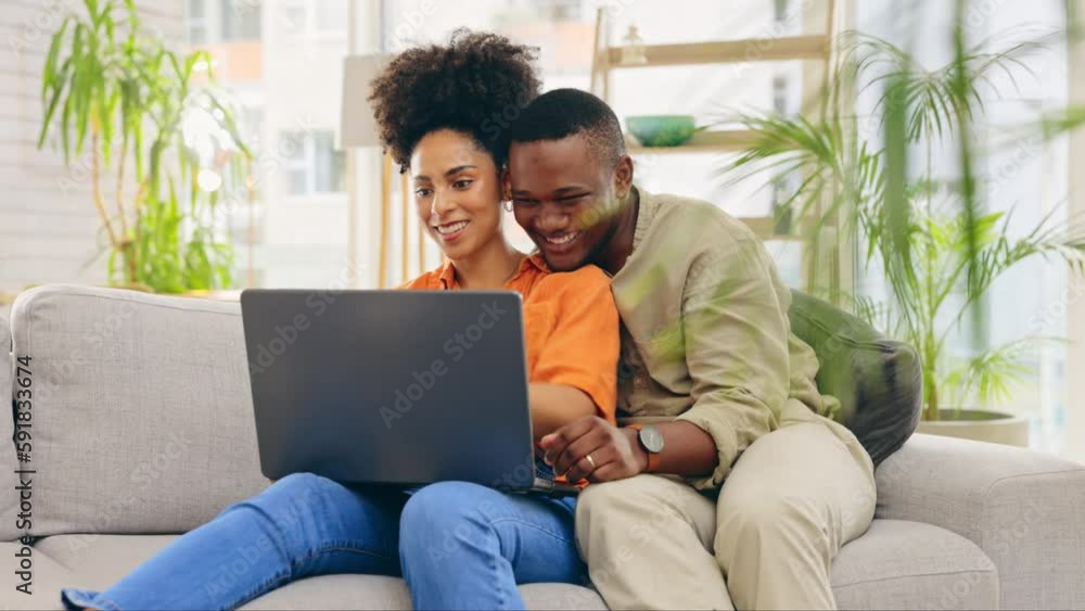 Laptop, couple and laughing in home living room, bonding and streaming funny comedy on sofa. Interracial, computer and happy black man and woman on social media, online browsing or scrolling for meme Laptop, couple and laughing in home living room, bonding and streaming funny comedy on sofa. Interracial, computer and happy black man and woman on social media, online browsing or scrolling for meme