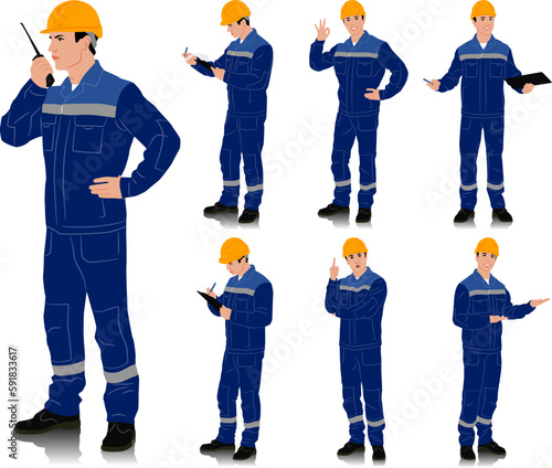 Hand drawn worker with a helmet. Worker wearing blue work overalls with safety band. Different poses. Vector illustration set isolated on white. Full length view	
