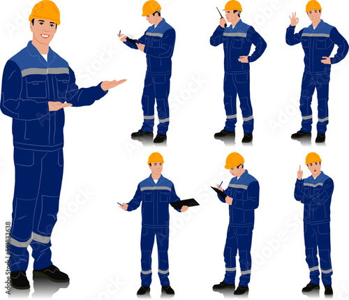 Hand drawn worker with a helmet. Worker wearing blue work overalls with safety band. Different poses. Vector illustration set isolated on white. Full length view	