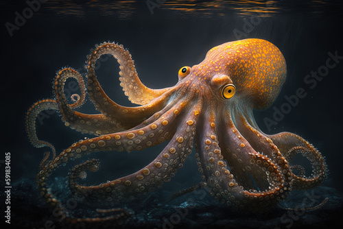 An aggressive orange octopus. Underwater. Ai generated. 