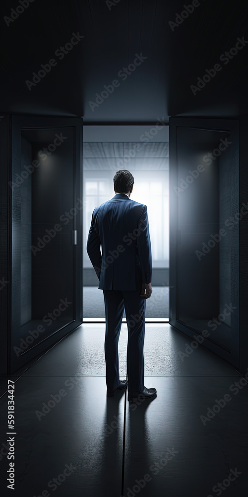Fototapeta premium Access to company system. Man in suite from back in office. AI generated.