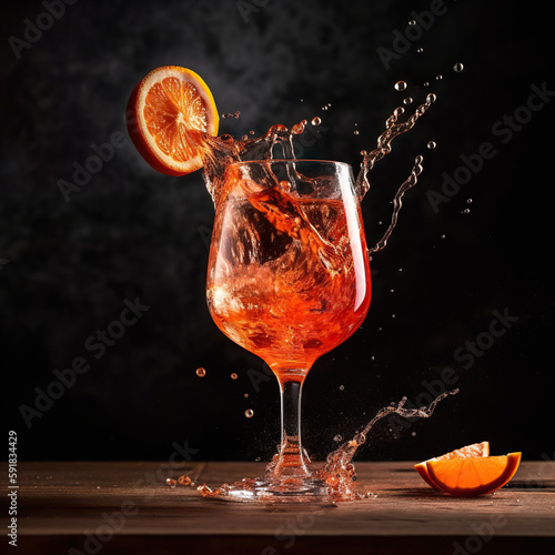 Aperol spritz cocktail splashing. Generative ai and digital editing. photo