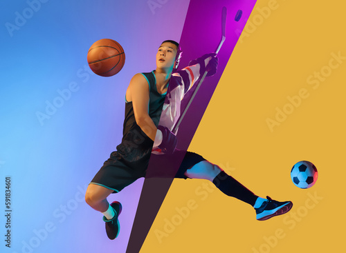 Fototapeta Naklejka Na Ścianę i Meble -  In a jump. Composite image of cropped photo of Asian man doing various kind of sport soccer, basketball, hockey over multicolored background in neon light. Active lifestyle, sport, hobby, ad concept