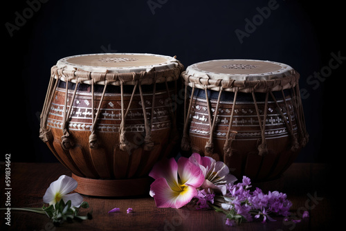 A tabla is a pair of twin hand drums from the Indian subcontinent, that are somewhat similar in shape to the bongos. Ai generated. photo