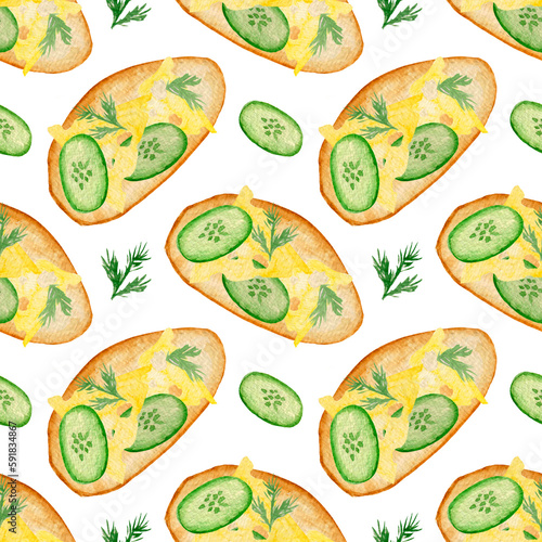 Fototapeta Naklejka Na Ścianę i Meble -  Watercolor seamless pattern with toast for breakfast, parsley leaf and cucumber slice on a white background. 