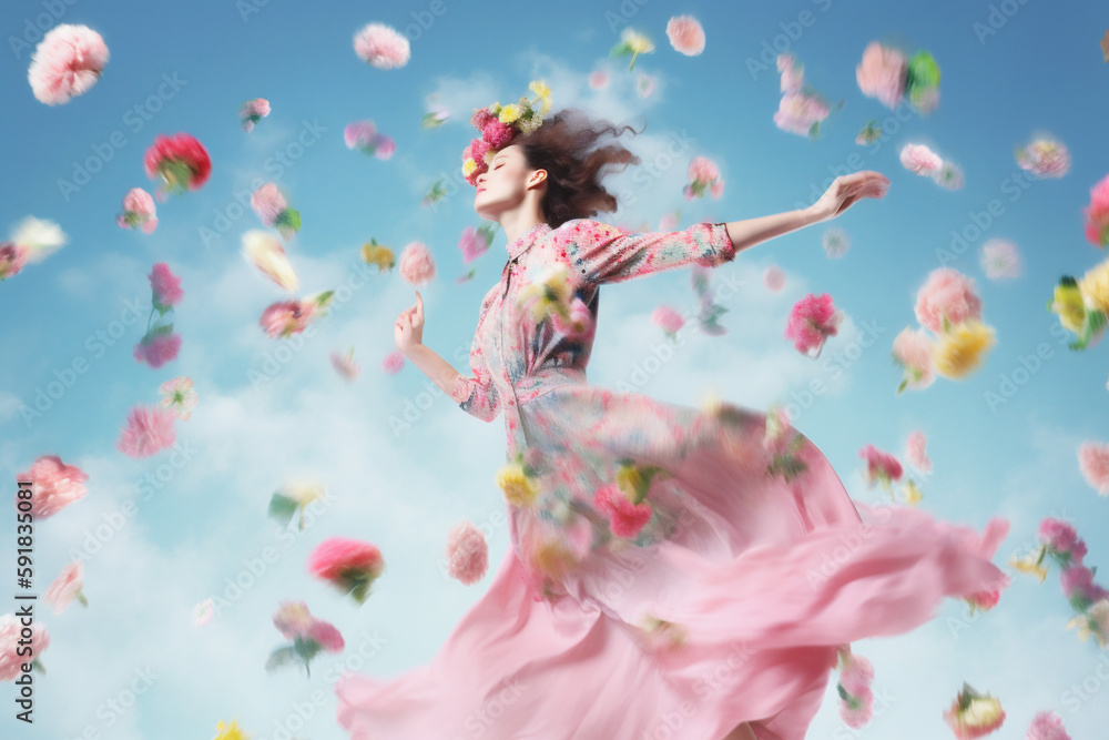 Fototapeta premium woman fashion flower elegance falling art spring beauty peony colorful flying. Generative AI.