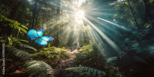 Beautiful blue butterfly in fairy forest. Ai generated.  © Ярослав Антонюк