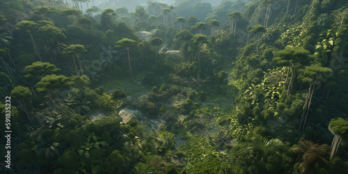 Tropical forest. Jungle. Drone point of view. Ai generated. 