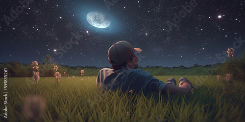 Man lies in a field and looks at the stars. Ai generated.  photo