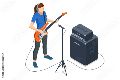 Isometric Realistic Electric Guitar. Woman playing an electric guitar and combo amp near isolated on white background. Rehearsal base