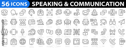 Speaking and Communication 56 icon set. Chat, speech bubble, talking, point, chat, support, message, phone, globe, call, consultation and conversation. Vector illustration