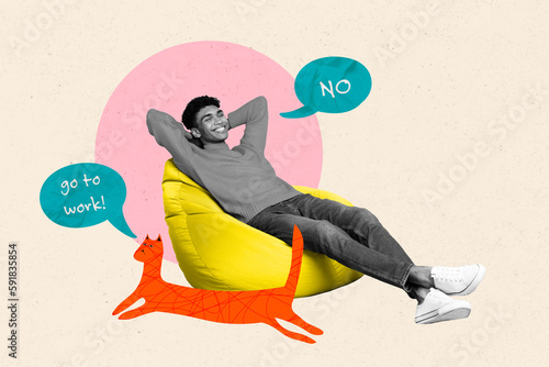 Creative collage concept laziness funny young guy lying beanbag comfortable take nap never will be productive isolated on beige background