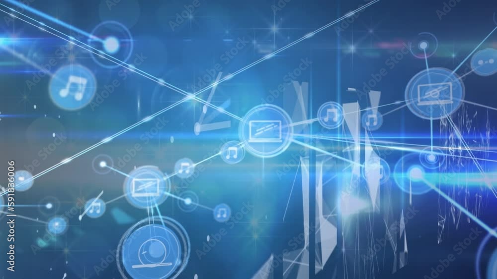 Animation of network of connections with icons over shapes on blue background Animation of network of connections with icons over shapes on blue background