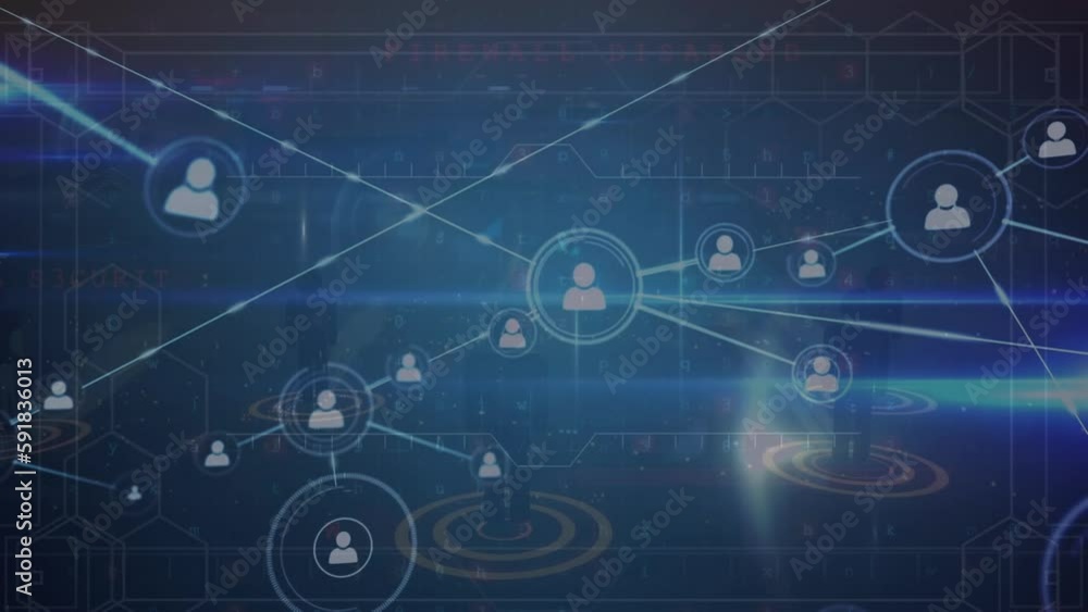 Animation of network of connections with icons over data processing on black background Animation of network of connections with icons over data processing on black background