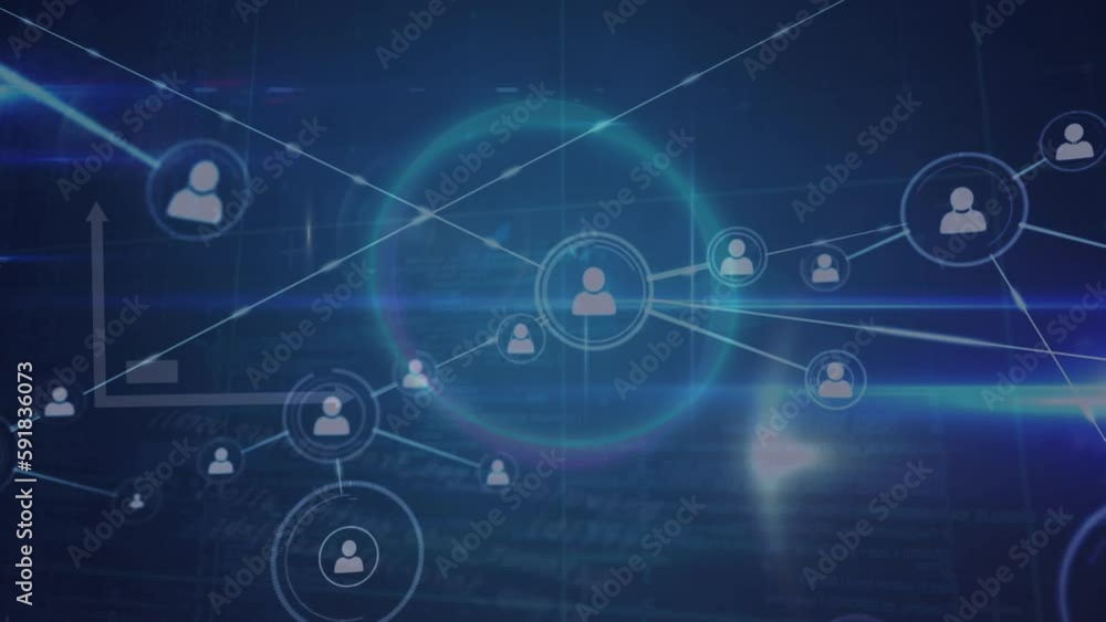 Animation of network of connections with icons over data processing on black background Animation of network of connections with icons over data processing on black background