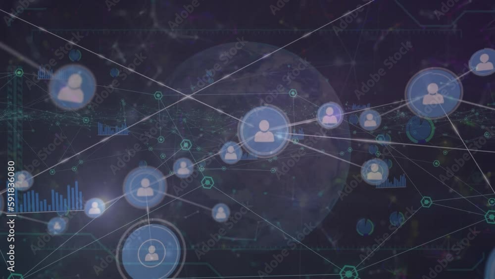 Animation of network of connections with icons and data processing over globe on black background Animation of network of connections with icons and data processing over globe on black background