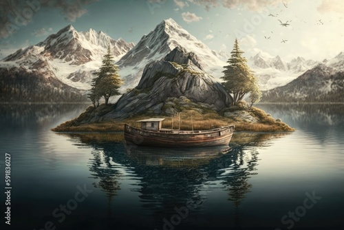 sailboat on a tranquil lake nestled among majestic mountains. Generative AI © 2rogan